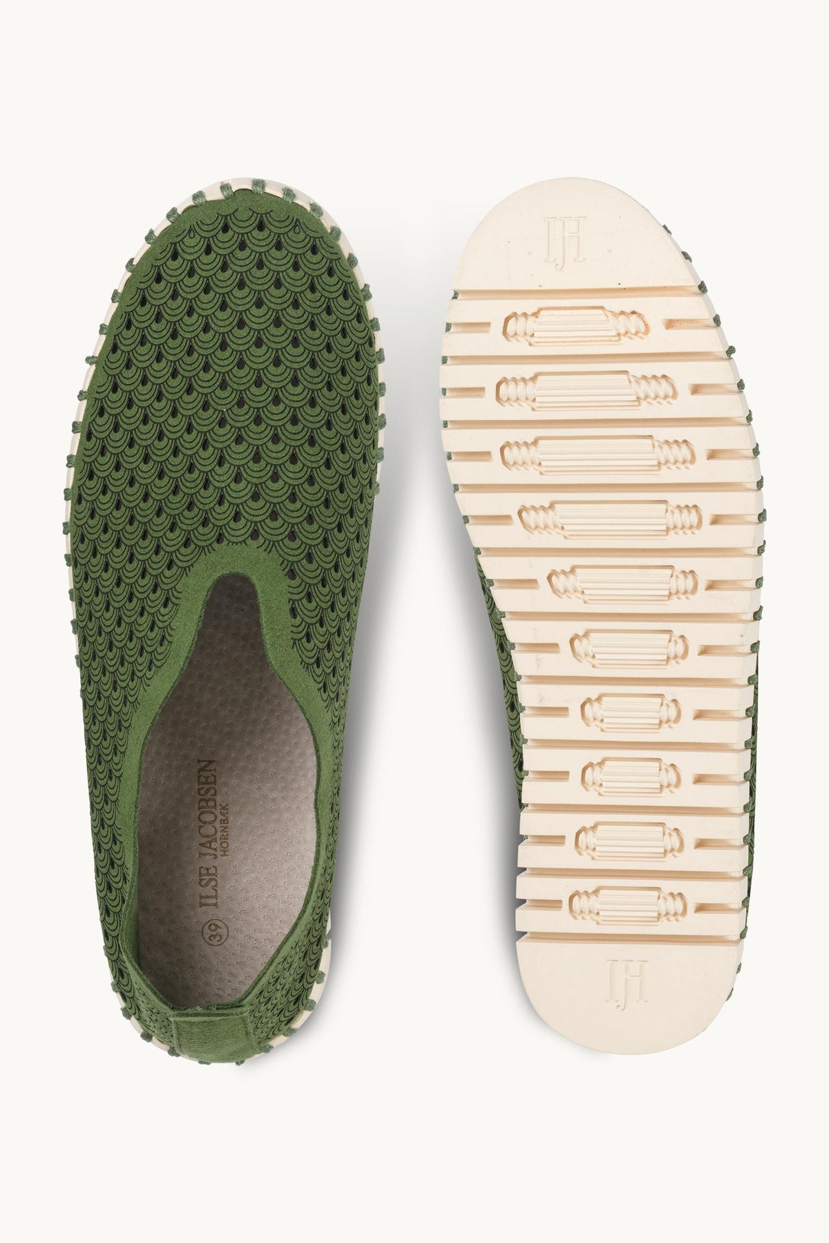 Laser-cut Slip-on Shoes on Flat Sole - Artichoke Green Pearled Ivory