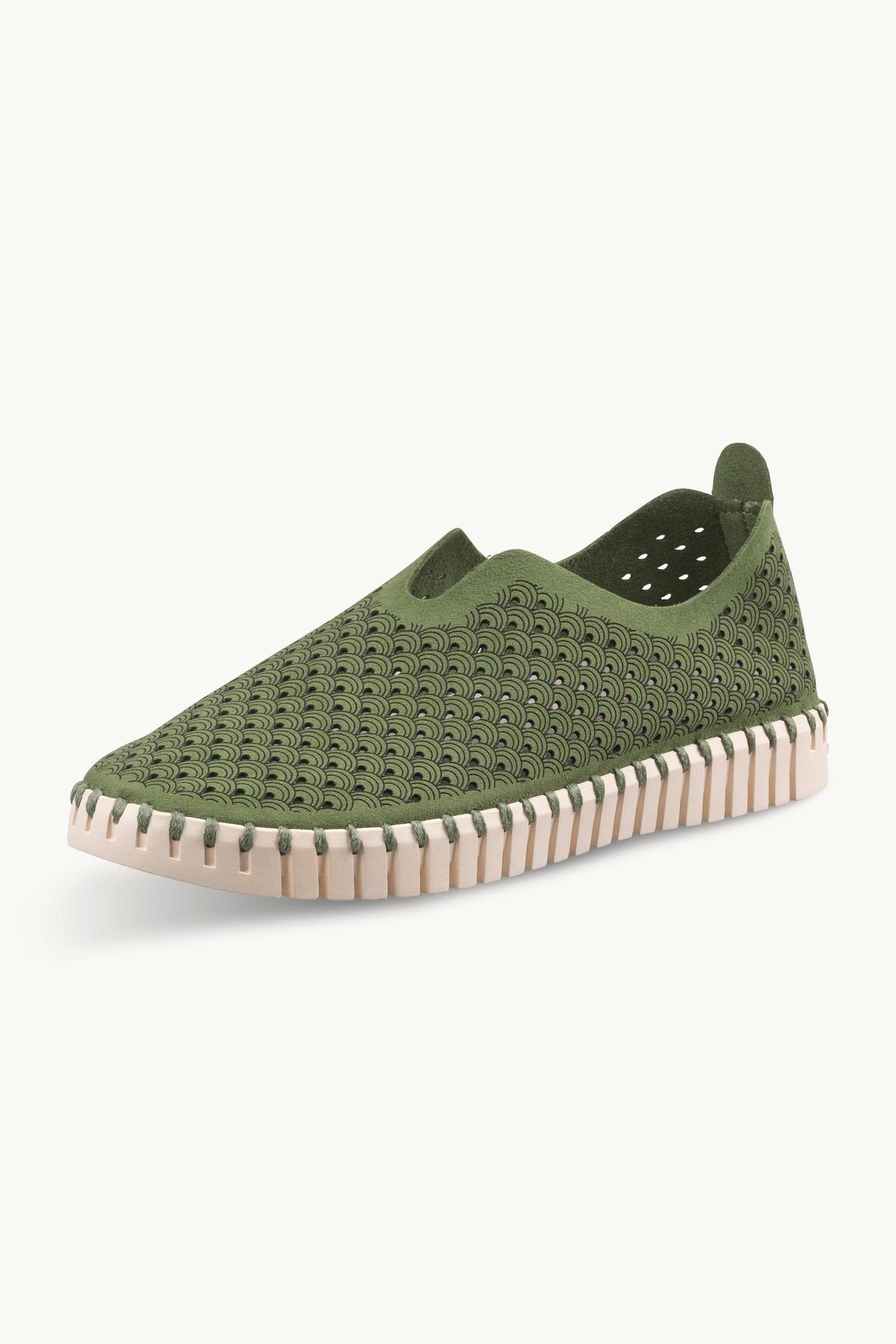 Laser-cut Slip-on Shoes on Flat Sole - Artichoke Green Pearled Ivory