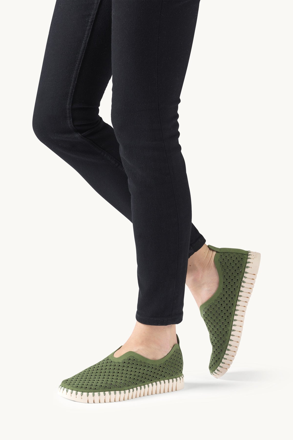 Laser-cut Slip-on Shoes on Flat Sole - Artichoke Green Pearled Ivory