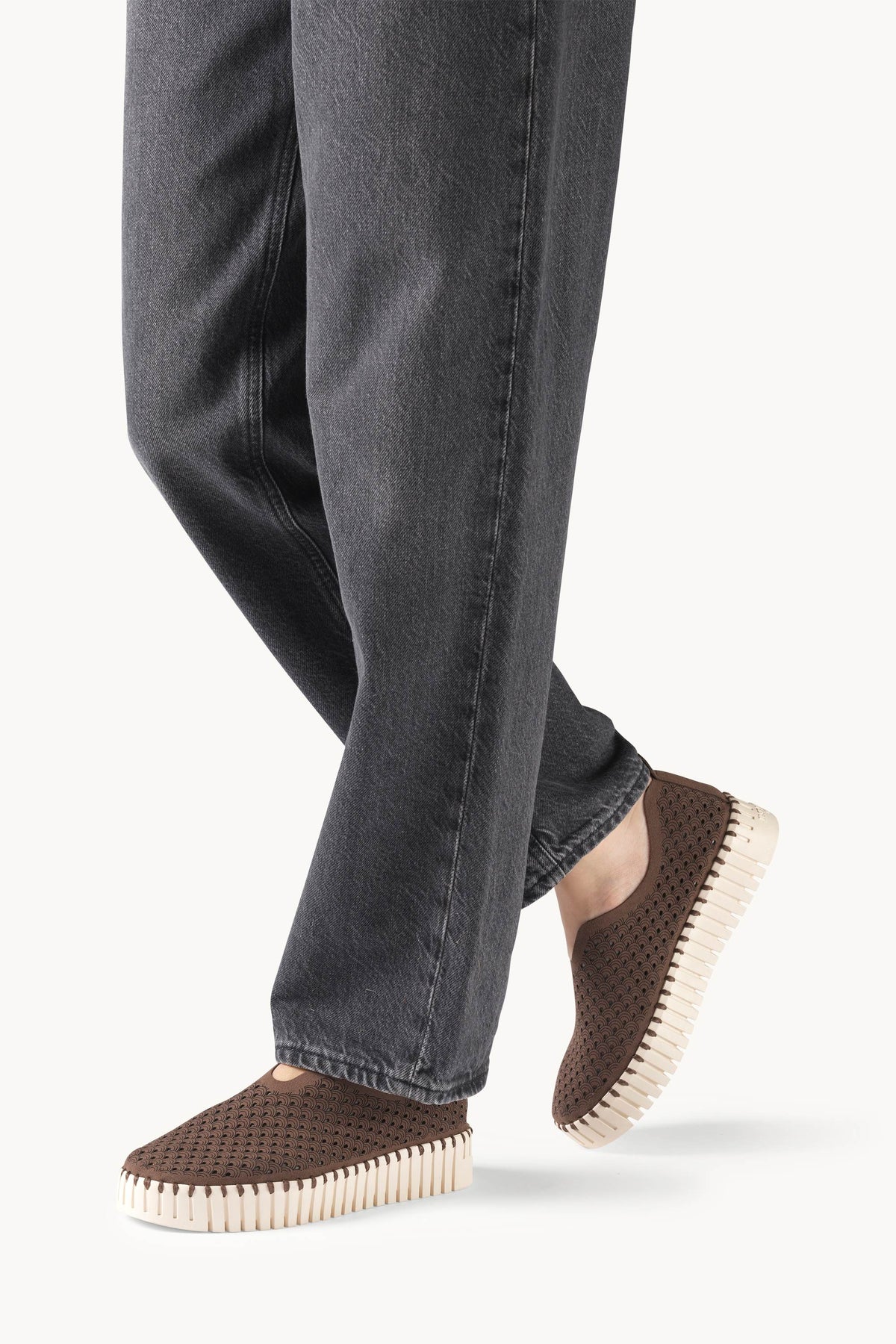 Laser-cut Slip-on Shoes on Platform Sole - Brown Pearled Ivory