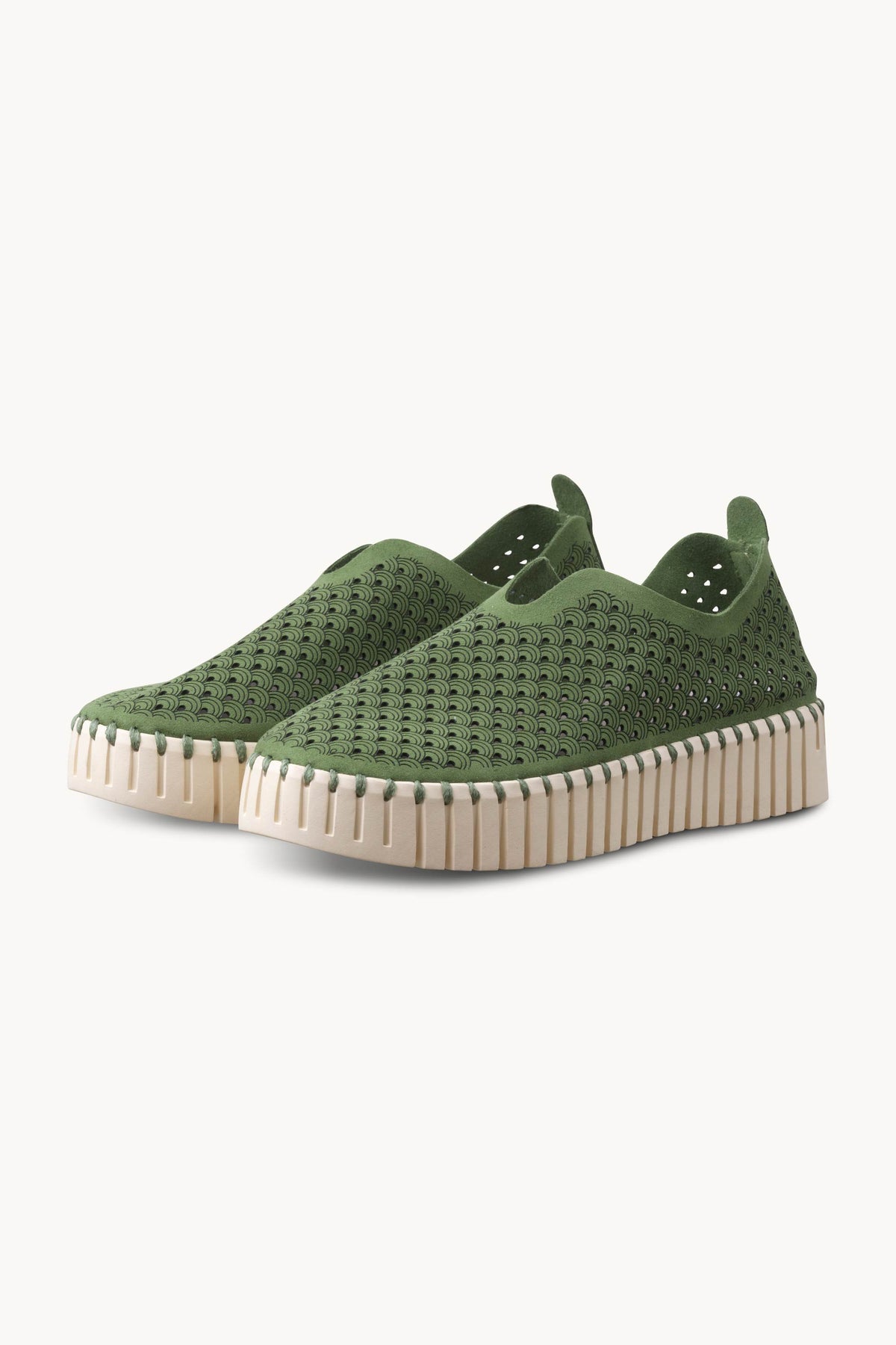 Laser-cut Slip-on Shoes on Platform Sole - Artichoke Green Pearled Ivory
