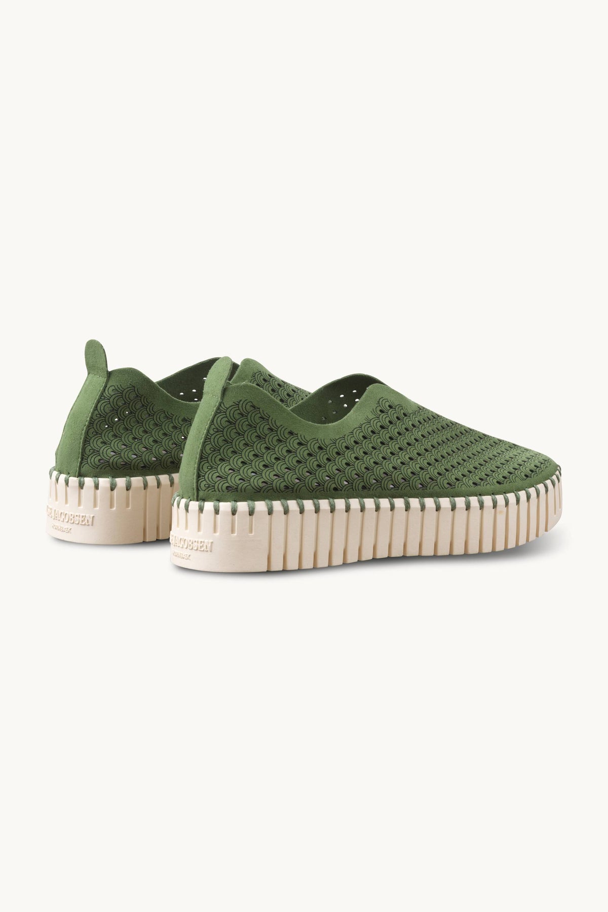 Laser-cut Slip-on Shoes on Platform Sole - Artichoke Green Pearled Ivory