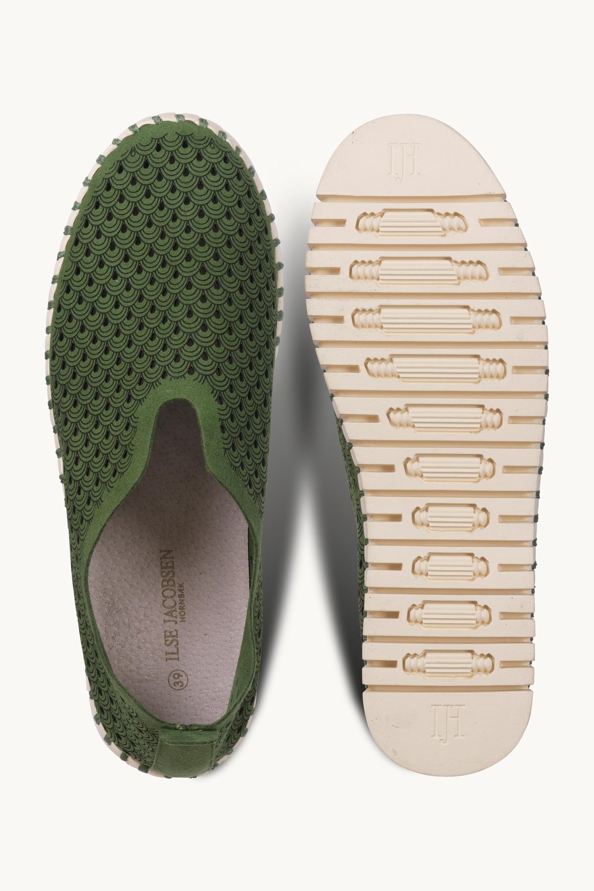 Laser-cut Slip-on Shoes on Platform Sole - Artichoke Green Pearled Ivory