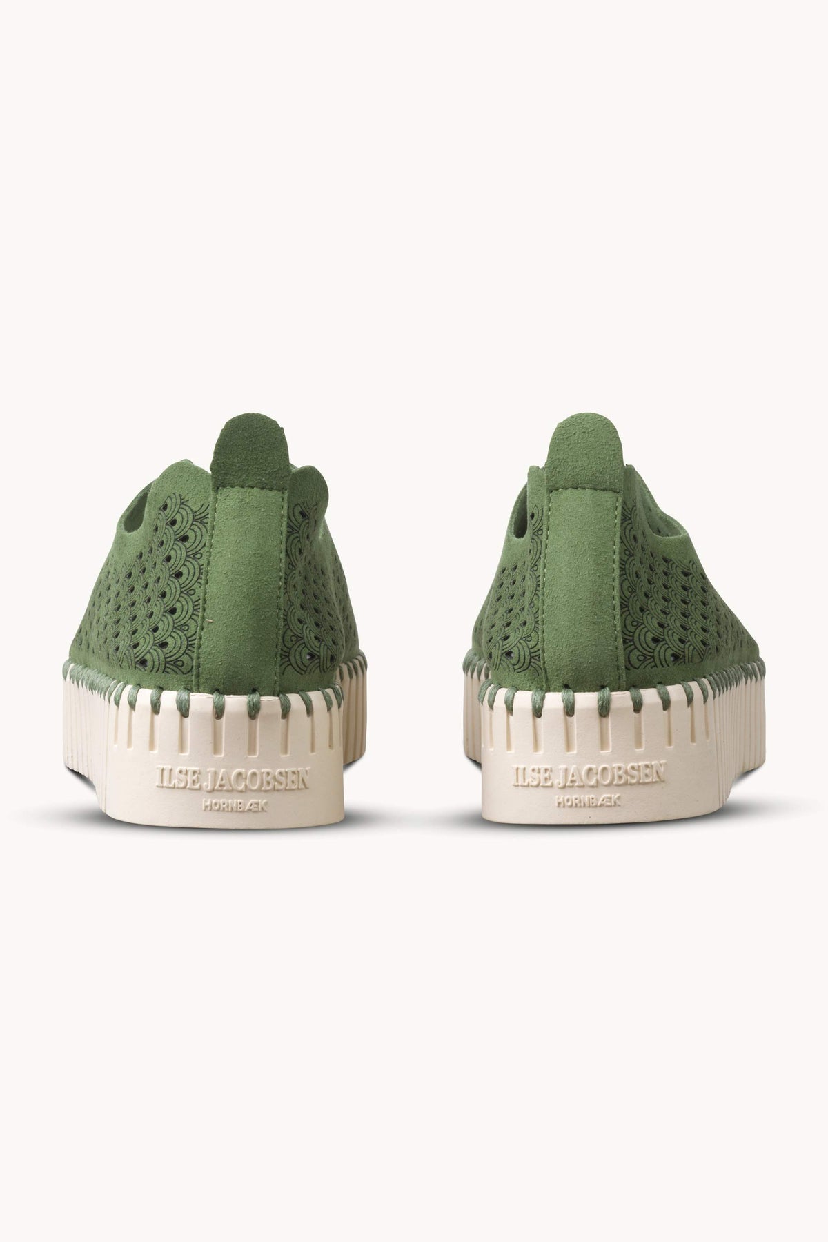 Laser-cut Slip-on Shoes on Platform Sole - Artichoke Green Pearled Ivory