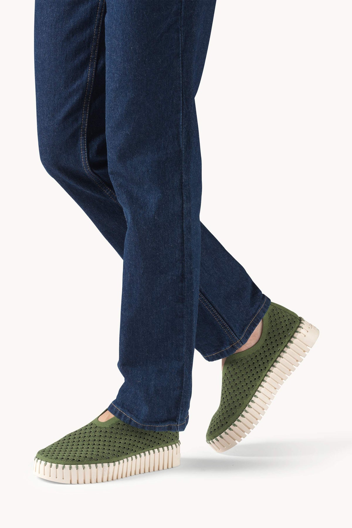 Laser-cut Slip-on Shoes on Platform Sole - Artichoke Green Pearled Ivory