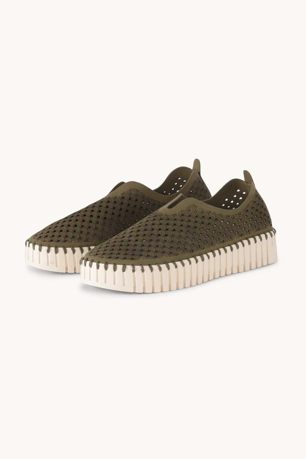 Laser-cut Slip-on Shoes on Platform Sole - Deep Olive