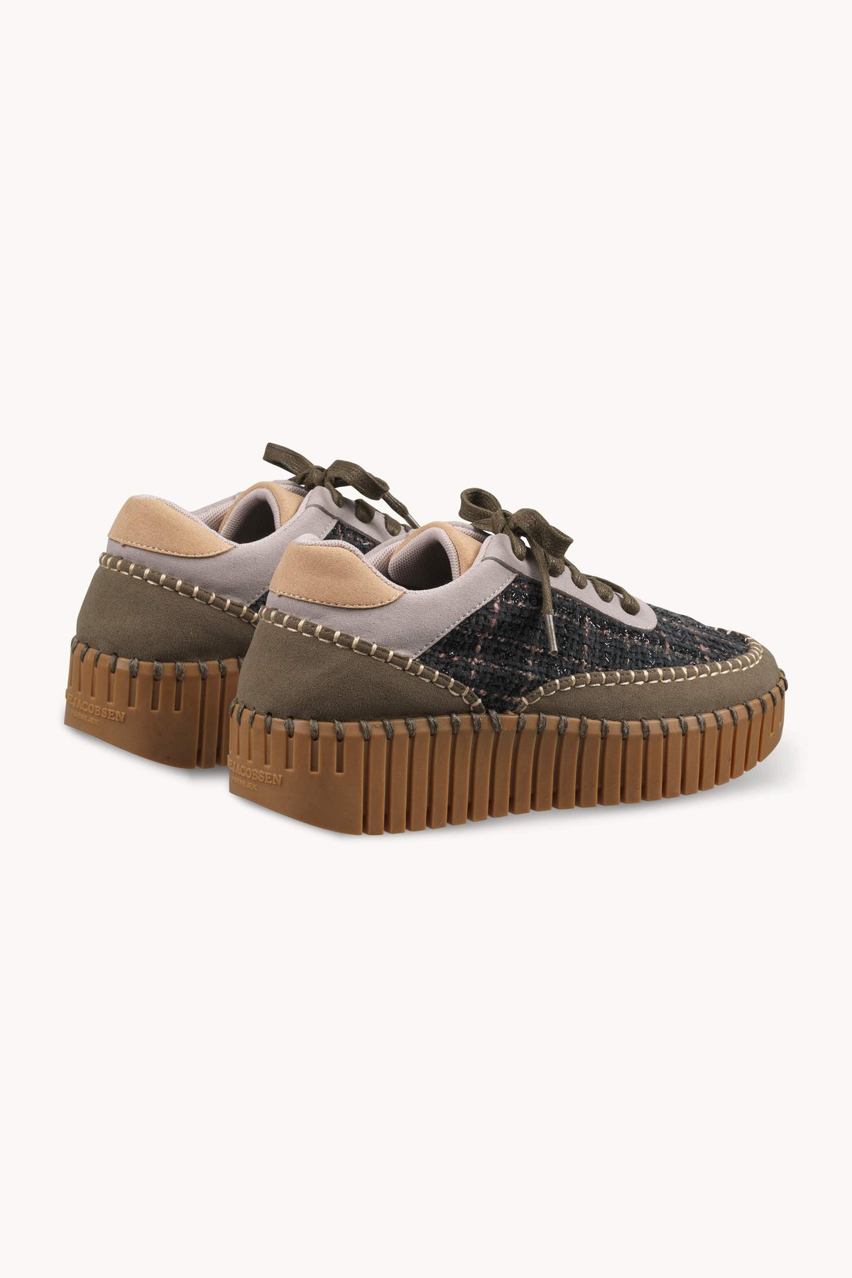 Bouclé Sneakers With Heavy Stitching on Wedge Sole - Deep Olive Mocca