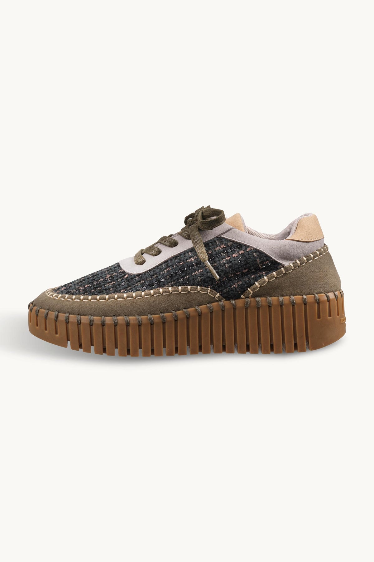 Bouclé Sneakers With Heavy Stitching on Wedge Sole - Deep Olive Mocca