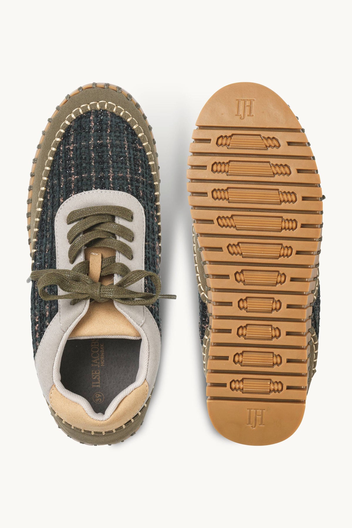 Bouclé Sneakers With Heavy Stitching on Wedge Sole - Deep Olive Mocca
