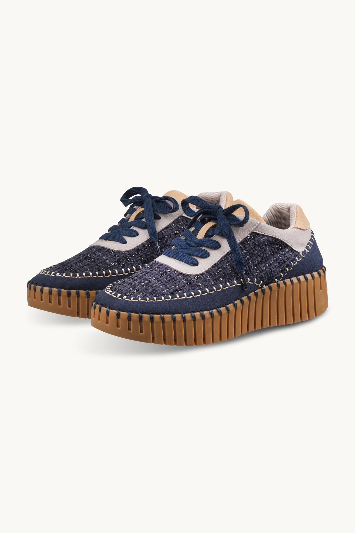 Bouclé Sneakers With Heavy Stitching on Wedge Sole - Dark Indigo Mocca