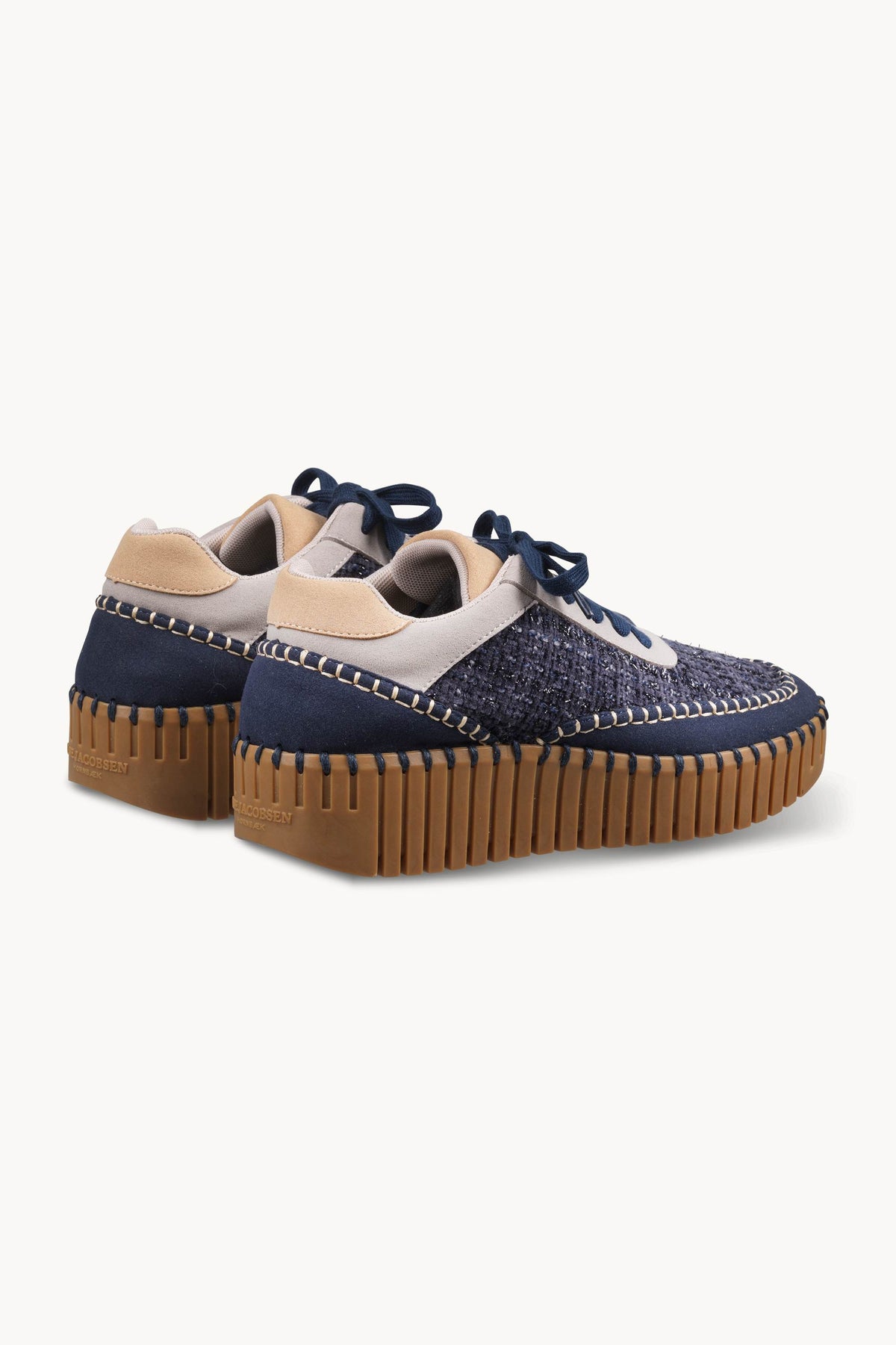 Bouclé Sneakers With Heavy Stitching on Wedge Sole - Dark Indigo Mocca