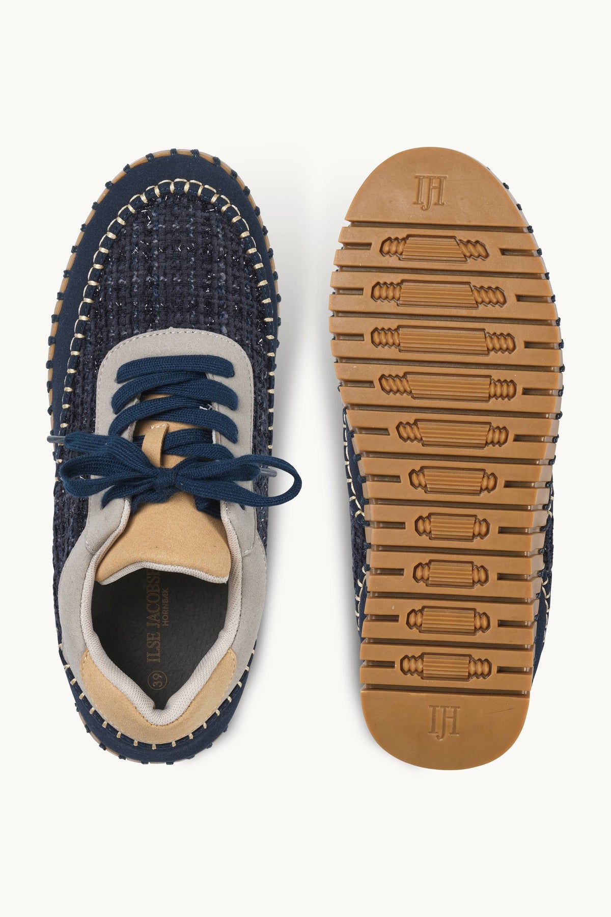Bouclé Sneakers With Heavy Stitching on Wedge Sole - Dark Indigo Mocca