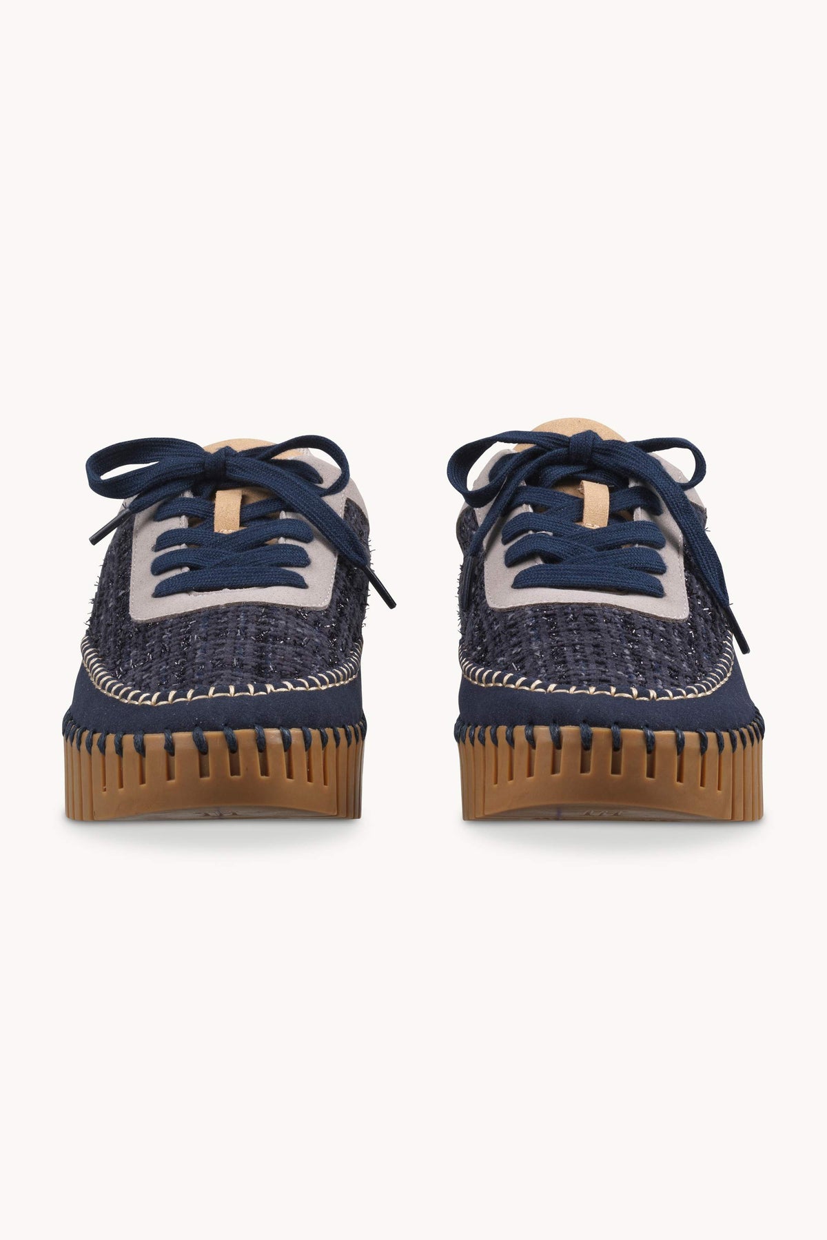 Bouclé Sneakers With Heavy Stitching on Wedge Sole - Dark Indigo Mocca